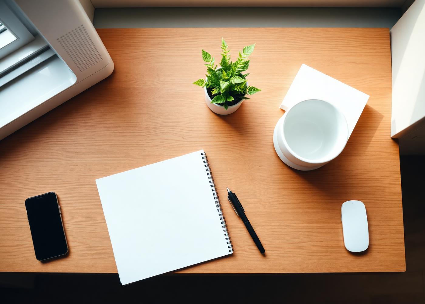 A calm desk with notepad and plant