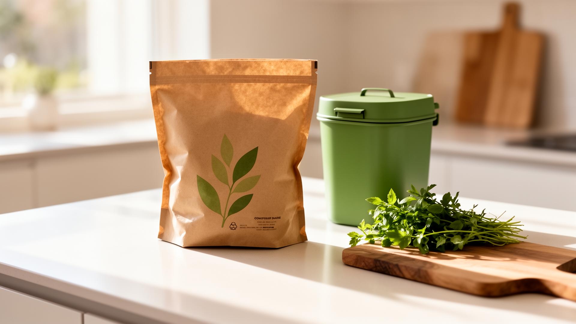 Compostable bag on a kitchen countertop next to a green compost bin