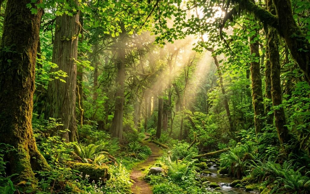 A breathtaking, lush green forest canopy with natural sunlight