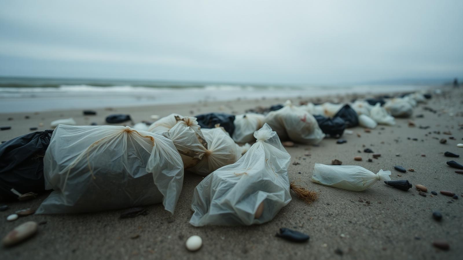 Plastic bags polluting a beach