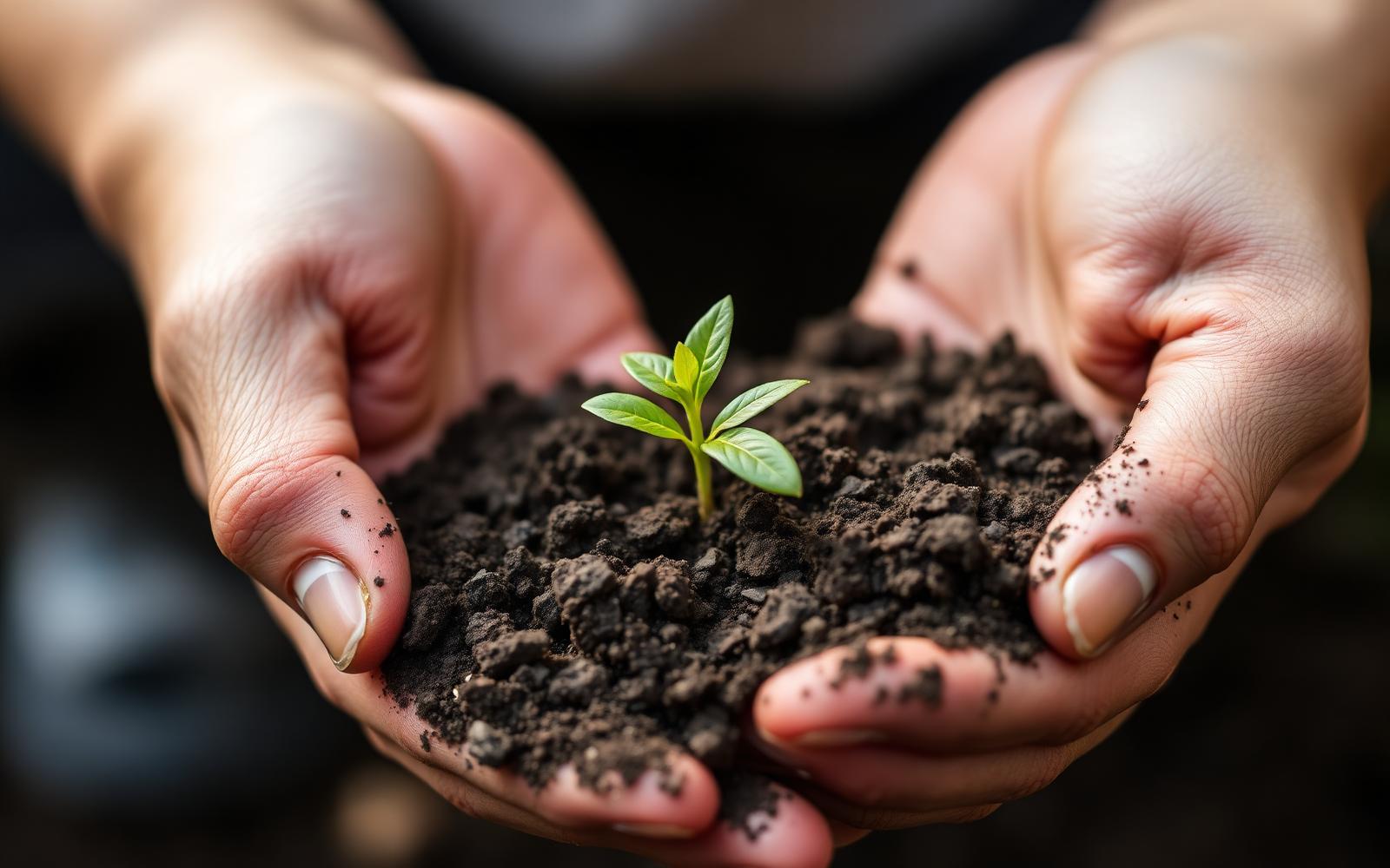Hands holding soil with a sprout