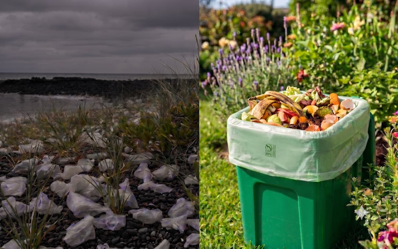 Plastic pollution on a beach versus a compostable bag in a green bin