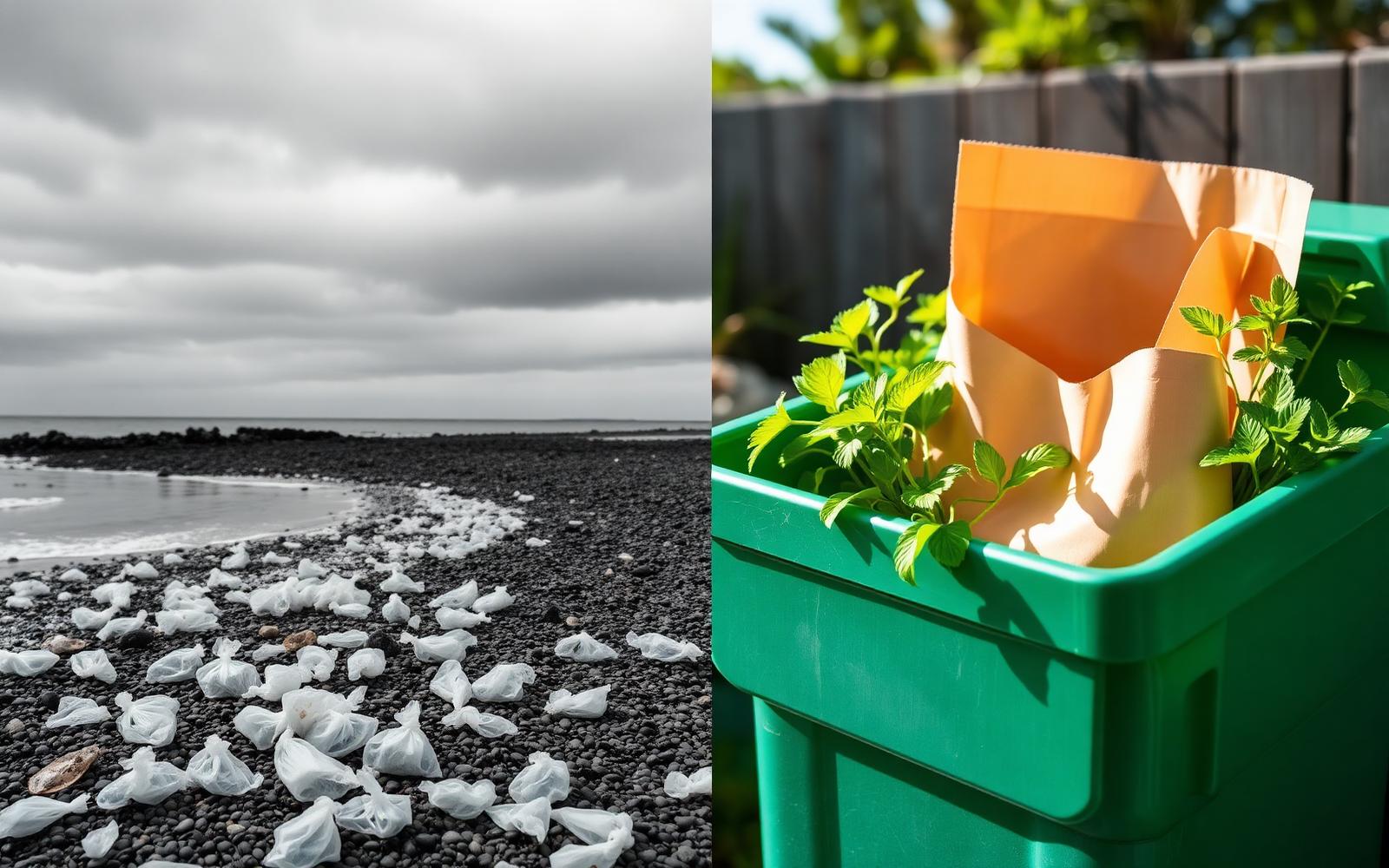 Plastic pollution on a beach versus a compostable bag in a green bin